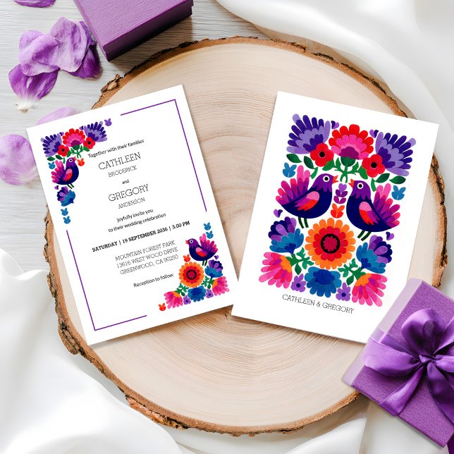 Convite Padrão de Cunho Popular Colorido Tradicional para  (Traditional Colorful Folk Vibrant Pattern Wedding Invitation)