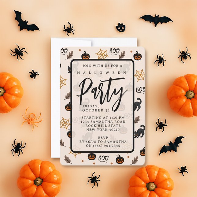 Convite Padrão de Dia das Bruxas de Abóbora de Gato Preto (Criador carregado)