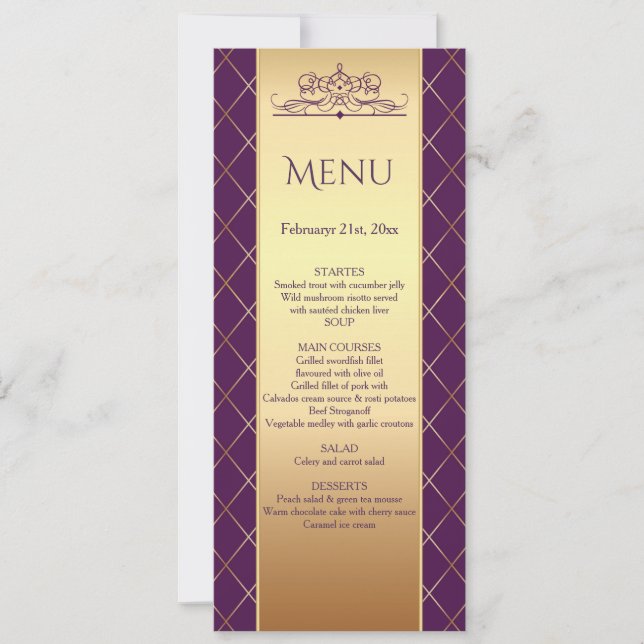 Convite Padrão de diamante dourado em Menu de Casamento ro (Frente)