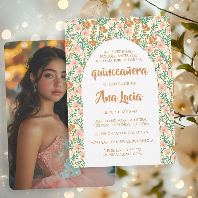 Convite Padrão de Flor de Arca Floral CUSTOMPhoto Quinceañ (Floral Arch Flower Pattern CUSTOMPhoto Quinceañera Invitation
)