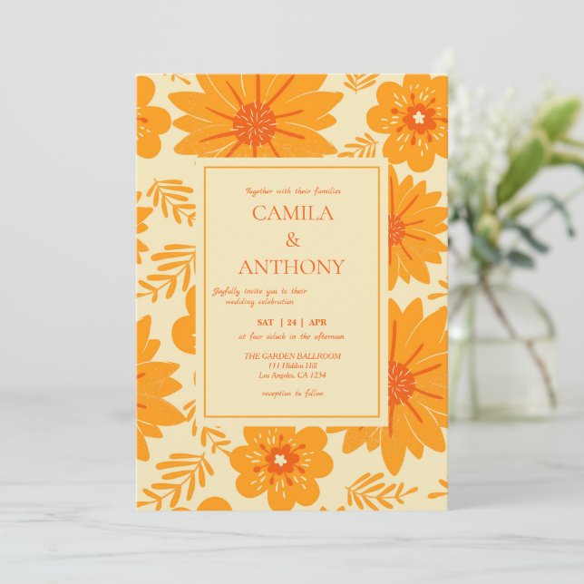 Convite Padrão de Flor Laranja do Meio século de Imagem Re (Em pé/Frente)