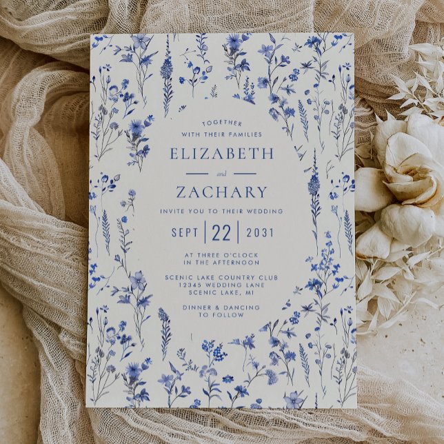 Convite Padrão de Flor Silvestre Boho Azul Marfim Casament (Criador carregado)