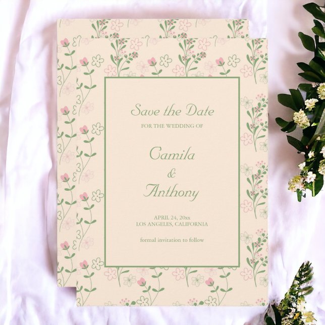 Convite Padrão de Flor Verde Rosa Y2K 70s Rosa Verde (Zazzle Pink Green Retro Y2K 70s Flower Pattern Save The Date)
