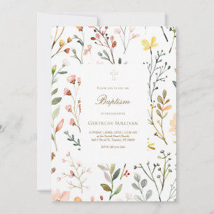 Convite padrão de flores de prado em aquarela Batismo
