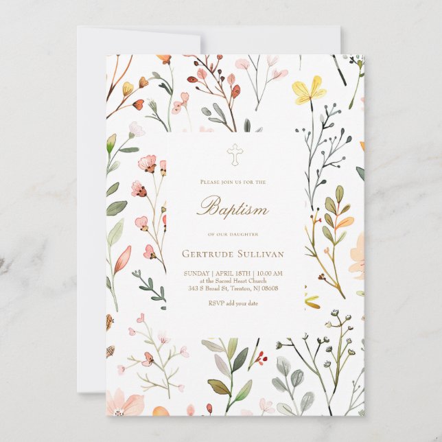 Convite padrão de flores de prado em aquarela Batismo (Frente)