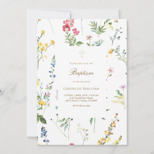 Convite padrão de flores silvestres aquarela Batismo