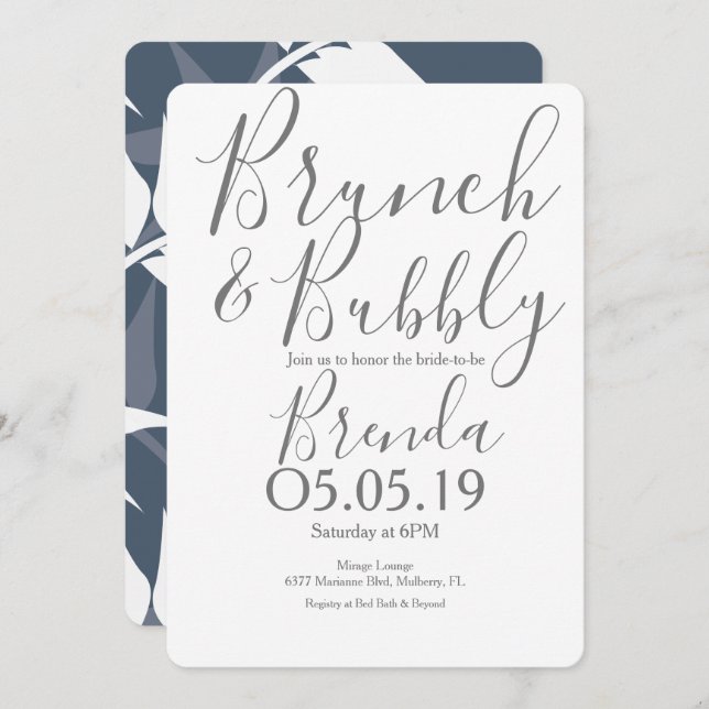 Convite Padrão de Folha Botânica Azul Marinho Casamento Br (Frente/Verso)