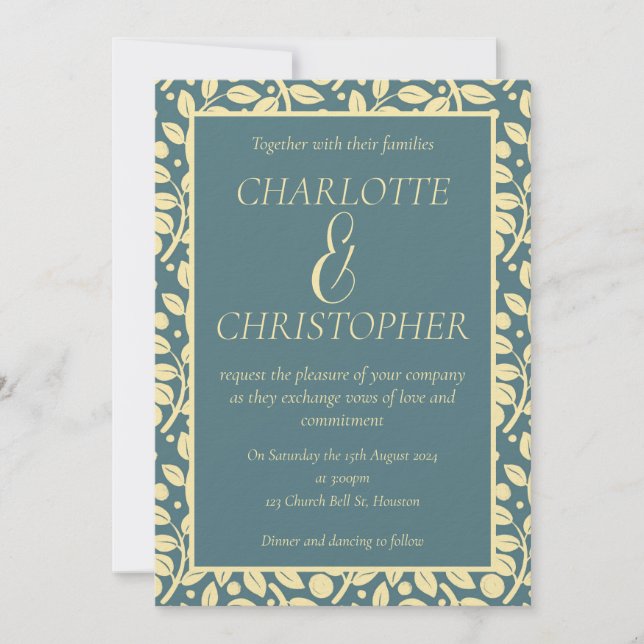 Convite Padrão de Folha de Creme Azul Sofisticado (Frente)