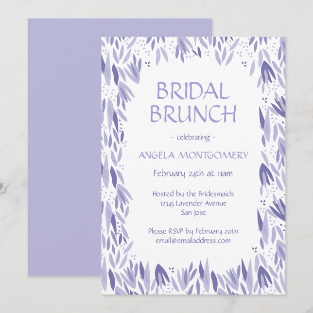 Convite Padrão de Folha de Lavanda Bridal Brunch (Frente/Verso)