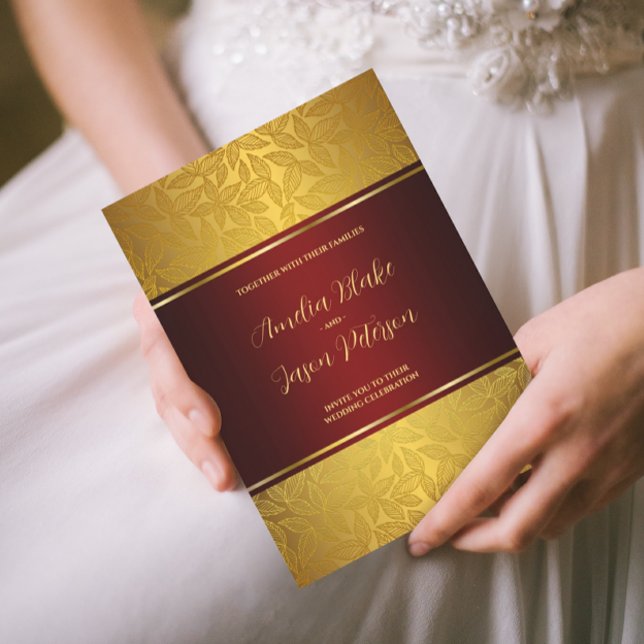 Convite Padrão de Folhagem Dourada Gravada Luxuriosa (Criador carregado)