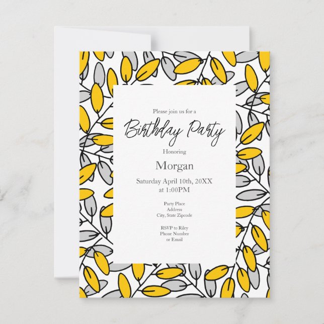 Convite Padrão de Folhas Amarelas Desenhadas à Mão (Frente)