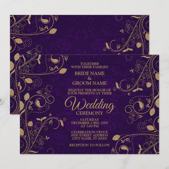 Convite Padrão de Folhas Florais Douradas Casamento Roxo M (Frente/Verso)