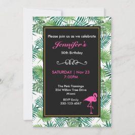 Convite Padrão de Folhas Tropicais e Aniversário Flamingo