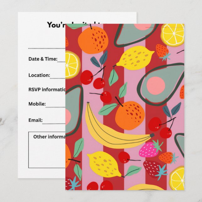 Convite Padrão de frutas com listras vermelhas e rosas  (Frente/Verso)
