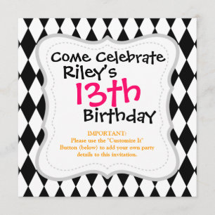 Convite Padrão de Harlequin do Diamante Negro e Branco