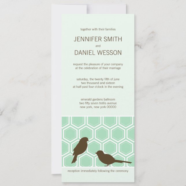 Convite Padrão De Honeycomb Em Mint Green Com Pássaros De  (Frente)
