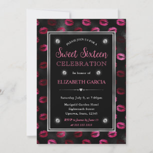 Convite Padrão de Lábios com Brilho Rosa e Preto Sweet Six