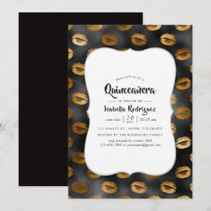 Convite Padrão de Lábios de Gelam Pretos e Dourados Quince