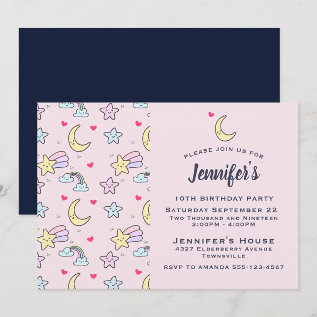 Convite Padrão de Lua, Estrelas e Nuvens em Aniversário Ro (Frente/Verso)