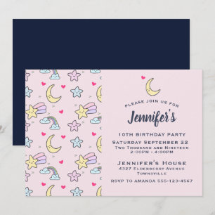Convite Padrão de Lua, Estrelas e Nuvens em Aniversário Ro