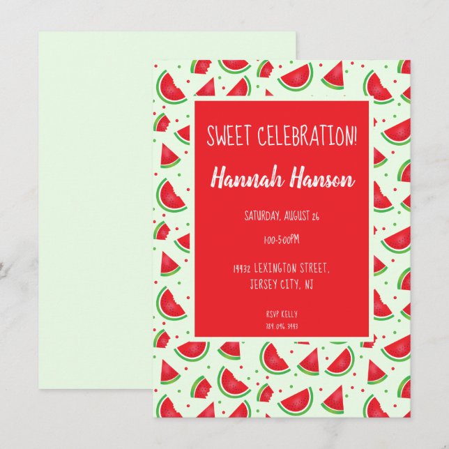 Convite Padrão de Melancia de Celebração Doce Verde Claro (Frente/Verso)