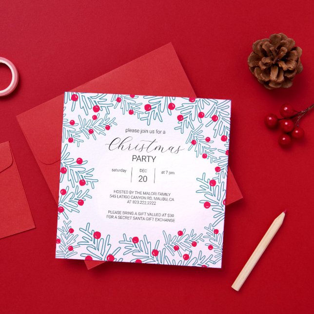 Convite Padrão de Natal de Galho de Pinheiro Moderno e Fru (Criador carregado)