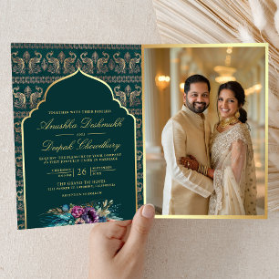 Convite Padrão de Pavão Dourado Turquesa Floral Casamento