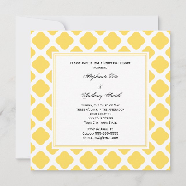 Convite Padrão de Quatrefoil Amarelo Limão e Branco com Mo (Frente)