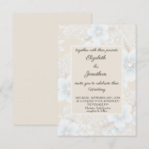 Convite Padrão de Renda Bege Azul Casamento