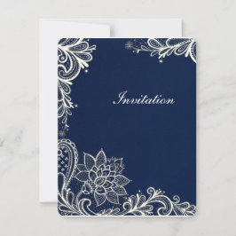 Convite padrão de renda branca vintage azul marinho casame