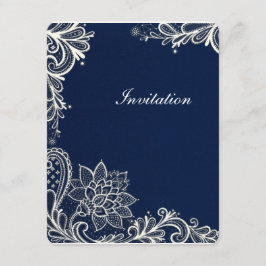 Convite padrão de renda branca vintage casamento azul nava