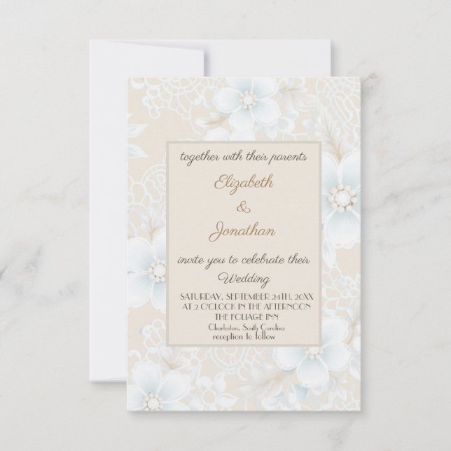 Convite Padrão de Renda Elegante Estilo Francês Casamento  (Frente)