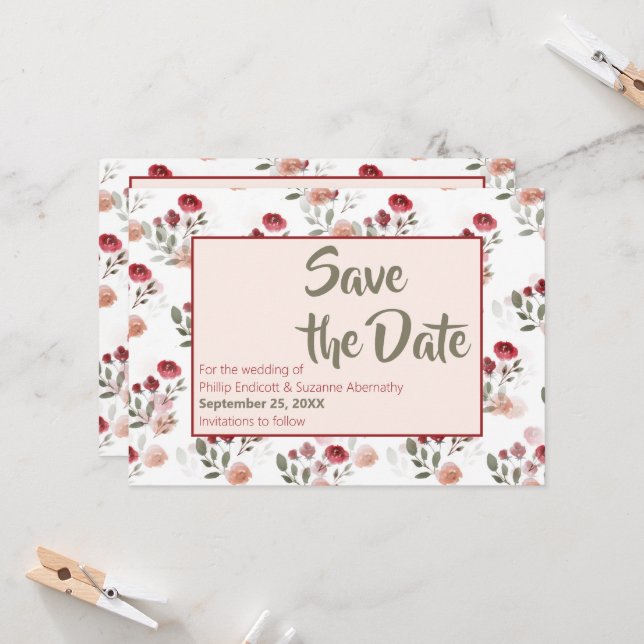 Convite Padrão de Rosas Sage Burgundy Blush Save the Date  (Frente/Verso In Situ)