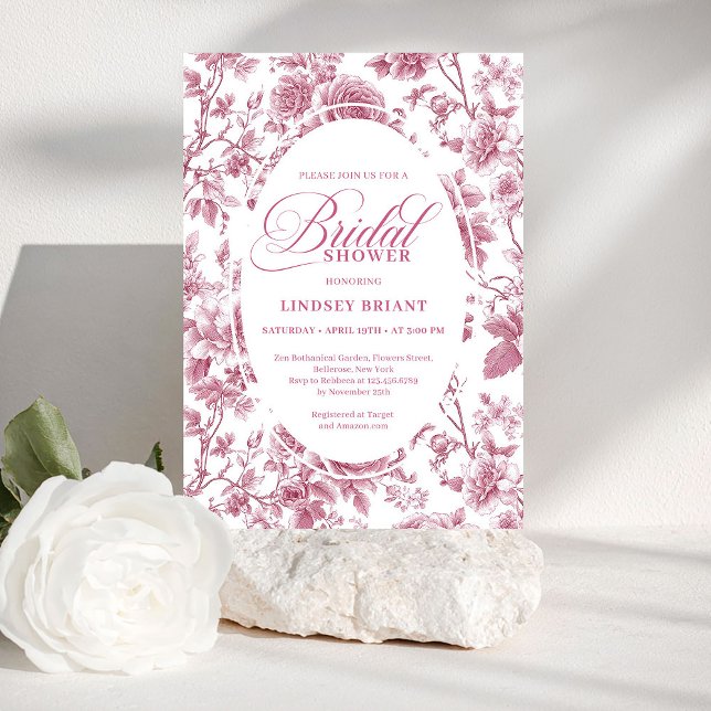 Convite Padrão de rosas toile com rubor real para chá de p (Royal Blush Toile Roses Pattern Bridal Shower Invitation

)