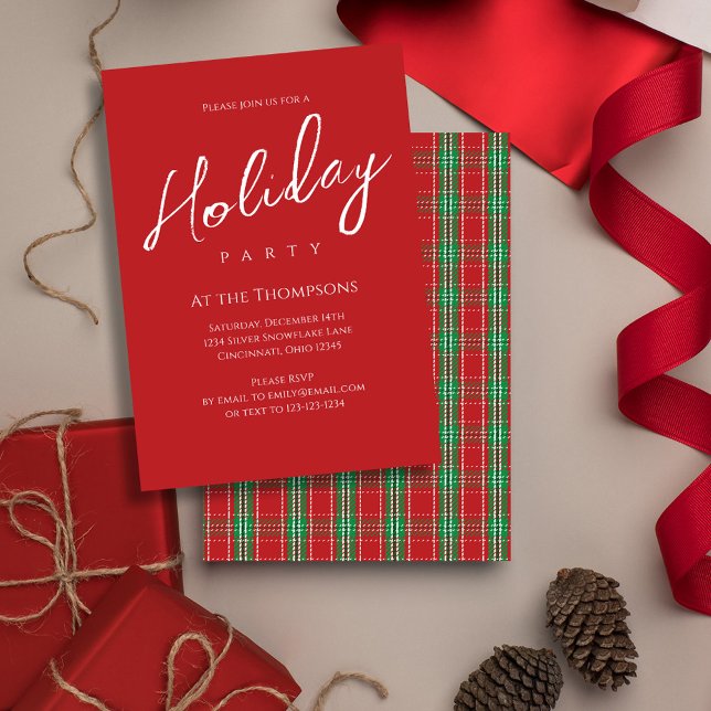 Convite Padrão de Xadrez Clássica Vermelha de Natal Feriad (Holiday party simple red and green plaid pattern party invitation. )