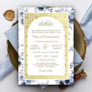 Convite Padrão Dourado Floral Azul Empoeirado Casamento Mu