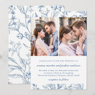 Convite Padrão Floral Azul Bonito para Casamento com Duas 