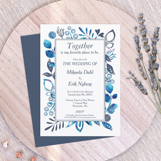 Convite Padrão Floral Azul e Cinza Azul (blue-gray slate blue wedding invitation template)