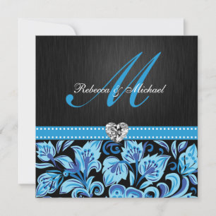 Convite Padrão Floral Azul e Preto Elegante