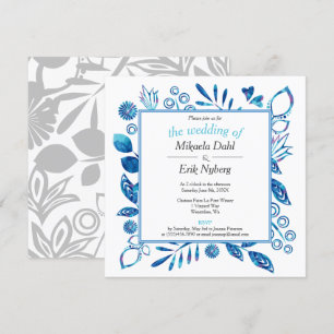 Convite Padrão Floral Azul-Inverno Escandinavo