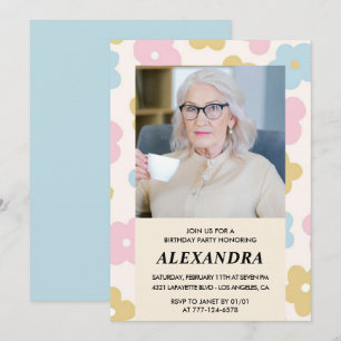 Convite Padrão Floral de Foto Retro Aniversário de 97 anos