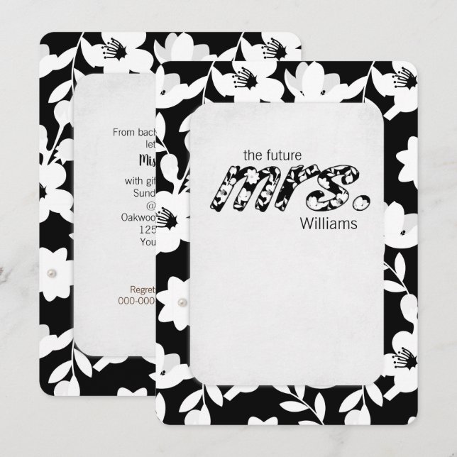 Convite padrão floral de margarida preto e branco (Frente/Verso)