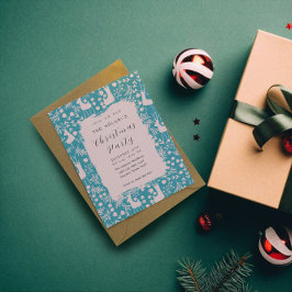 Convite Padrão Floral de Rena Nórdica | Natal Rosa em Azul