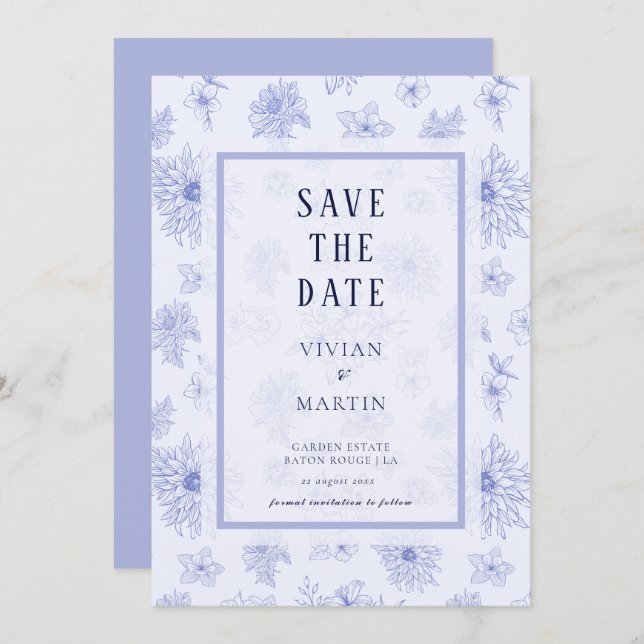Convite Padrão floral de Sombra Azul Neutro Salvar a Data (Frente/Verso)