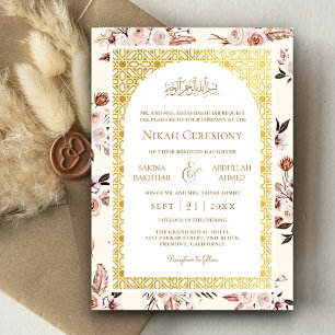 Convite Padrão Floral Dourado Creme Terroso Casamento Muçu