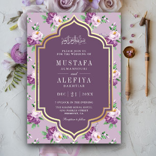 Convite Padrão Floral Dourado Roxo Casamento Muçulmano