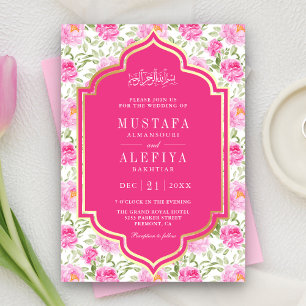 Convite Padrão Floral Rosa Dourado Fúcsia Casamento Muçulm
