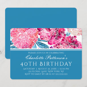 Convite Padrão Floral Rosa Na moda do aniversário de 40
