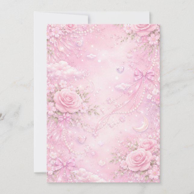 Convite Padrão Floral Rosa Sonhador com Pérolas e Laços Br (Frente)