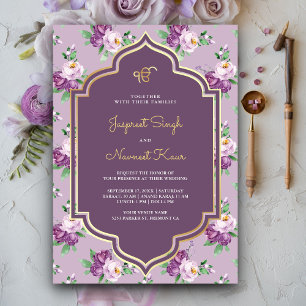 Convite Padrão Floral Roxo Anand Karaj Casamento Sikh